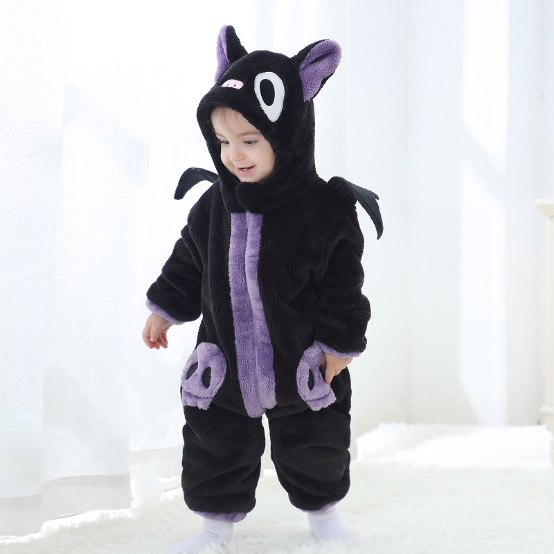 Cotton Baby Onesies Zipper - ชุดรอมเปอร์เด็กแรกเกิดสีดำม่วงลายแมว ชุดบอดี้สูทมีฮู้ด ชุดจั๊มสูทลายสัตว์ ชุดนอนเด็กเล็ก ผ้าฟลีซขนนุ่ม อุ่นสบายสำหรับฤดูหนาว