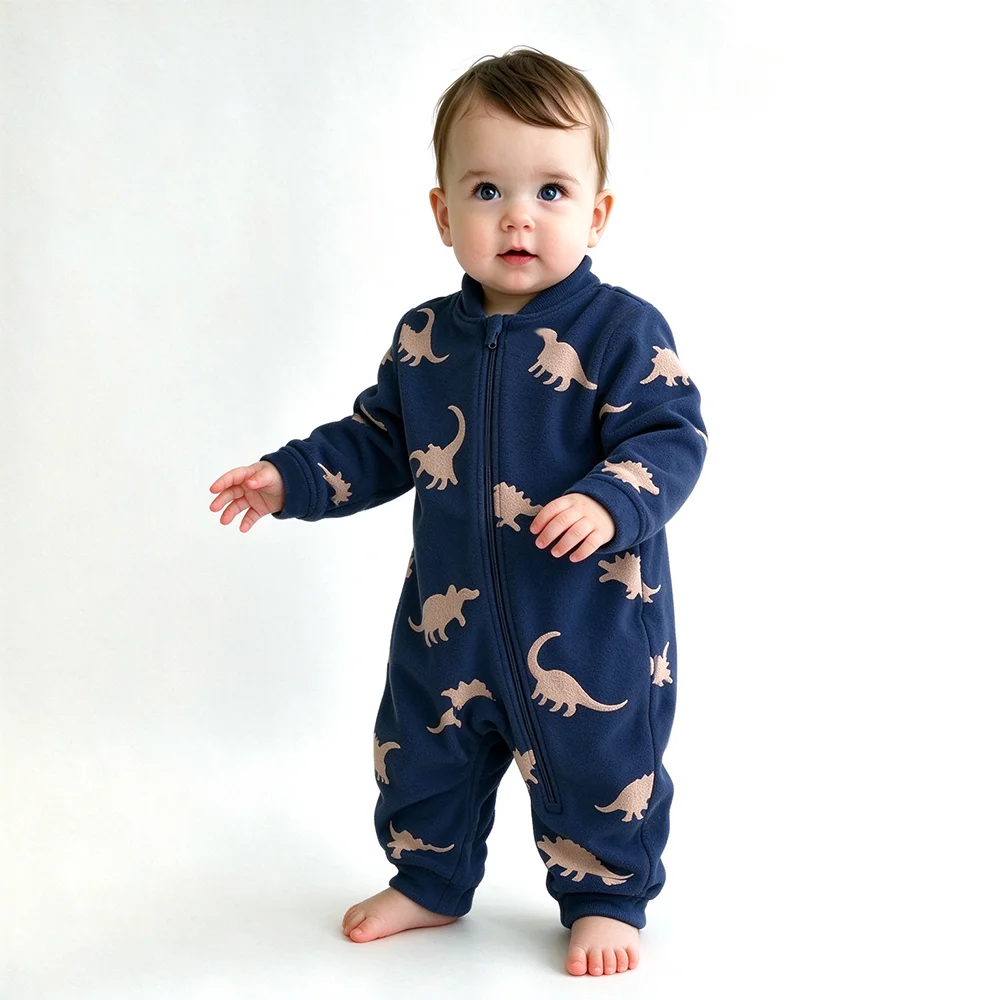 Cotton Baby Onesies Zipper - ชุดบอดี้สูทผ้าฟลีซนุ่มอุ่นสำหรับเด็กทารก ลายการ์ตูนไดโนเสาร์น่ารัก ชุดรอมเปอร์มีซิปสำหรับเด็กแรกเกิด บอดี้สูทแขนยาวสำหรับทารก ชุดกันหนาว