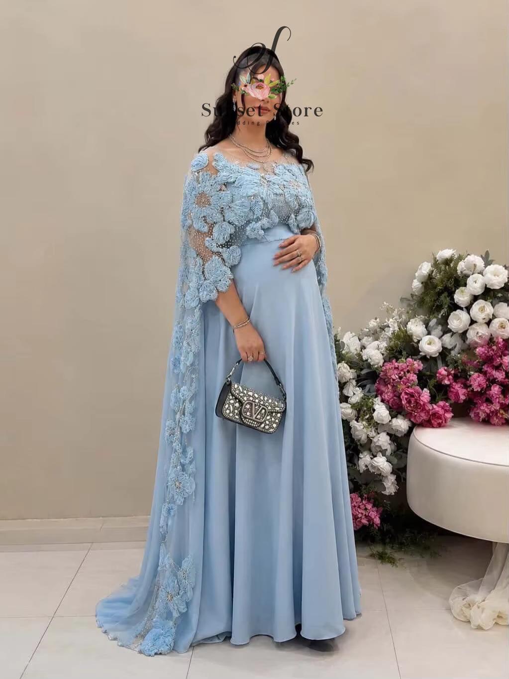 Maternity Wear - ชุดราตรีสายเดี่ยวแบบสปาเก็ตตี้สั่งทำพิเศษ พร้อมผ้าคลุมสีน้ำเงิน ทรงเอไลน์ ชุดออกงานสำหรับหญิงตั้งครรภ์ 2 ชิ้น