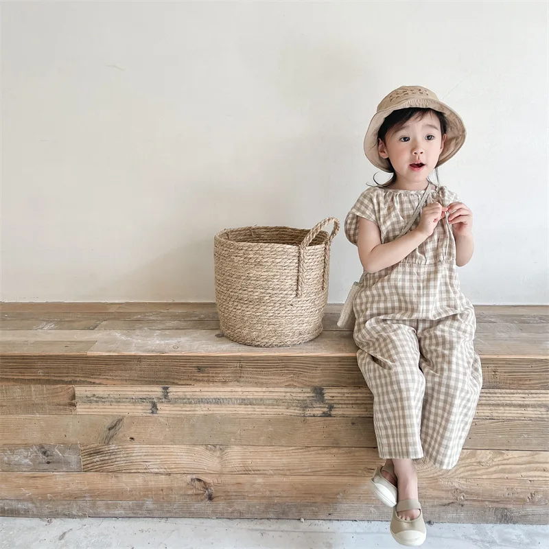 Baby Summer Linen Sleeveless Jumpsuit - เด็กทารกลายสก๊อต Overalls เด็ก Playsuit เด็กผ้าลินินผ้าฝ้ายเกาหลีเด็กวัยหัดเดินฤดูร้อนเสื้อผ้าแฟชั่นกางเกง