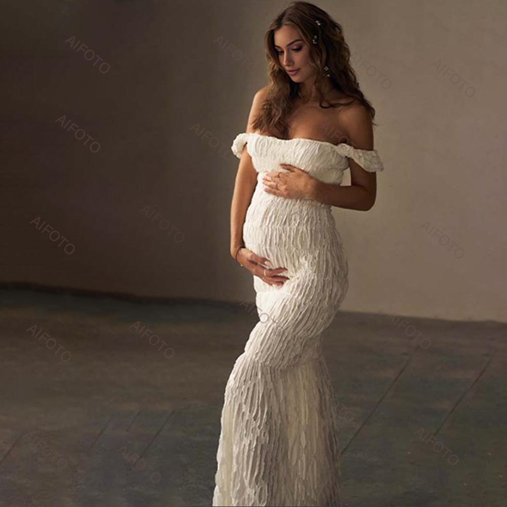 Maternity Wear - ชุดคลุมท้องสตูดิโอถ่ายภาพการตั้งครรภ์ชุดกระโปรง Maxi จีบหรูหราประจบหญิงตั้งครรภ์ Photo Session ชุด
